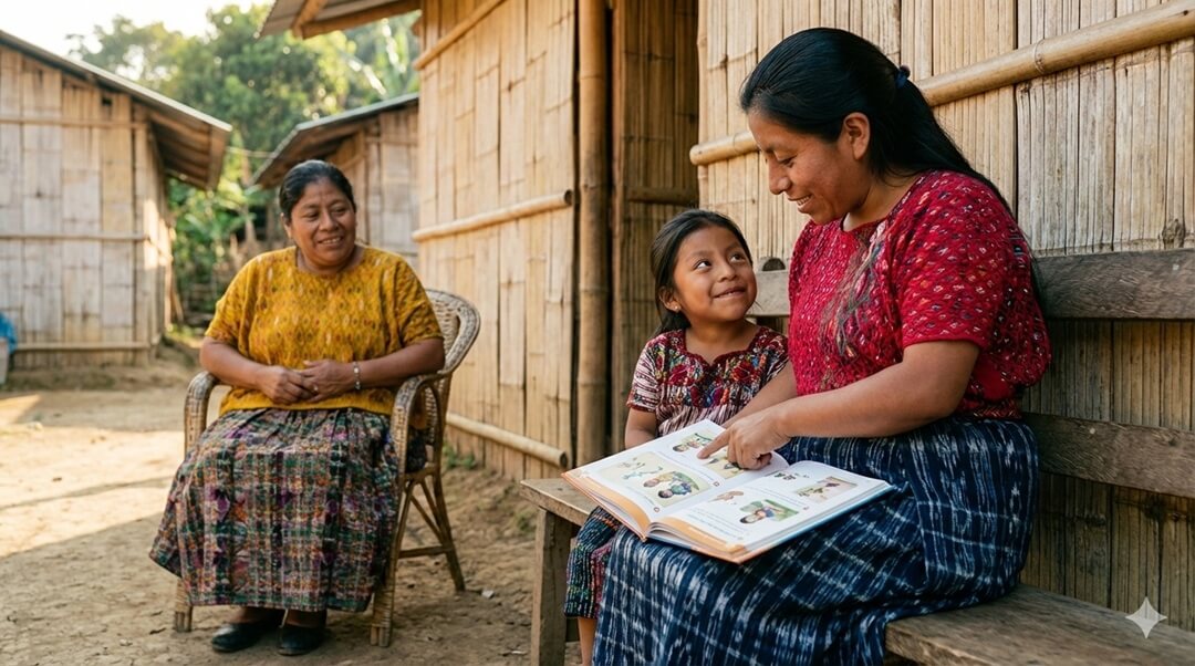Indigenous family with child holding books